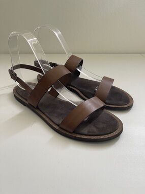 Brunello Cucinelli Brown Leather Double Strap Sparkle Edges Flats Sandals 37 / 7